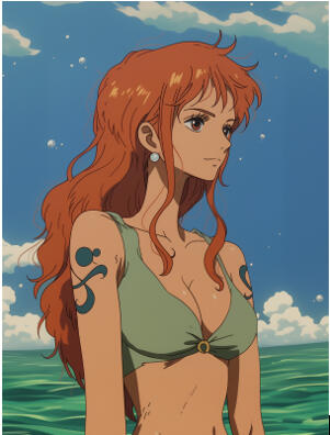Produces a re-styled portrait of Nami (One Piece) with Studio Ghibli’s painterly, luminous qualities — softer outlines, expressive eyes, and whimsical background elements.