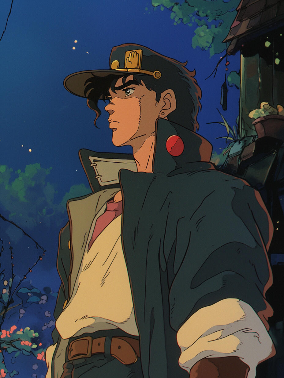 Produces a hand-drawn, retro anime frame of Zenitsu in the warm, nostalgic Studio Ghibli aesthetic — textured skies, muted tones, and cinematic composition.