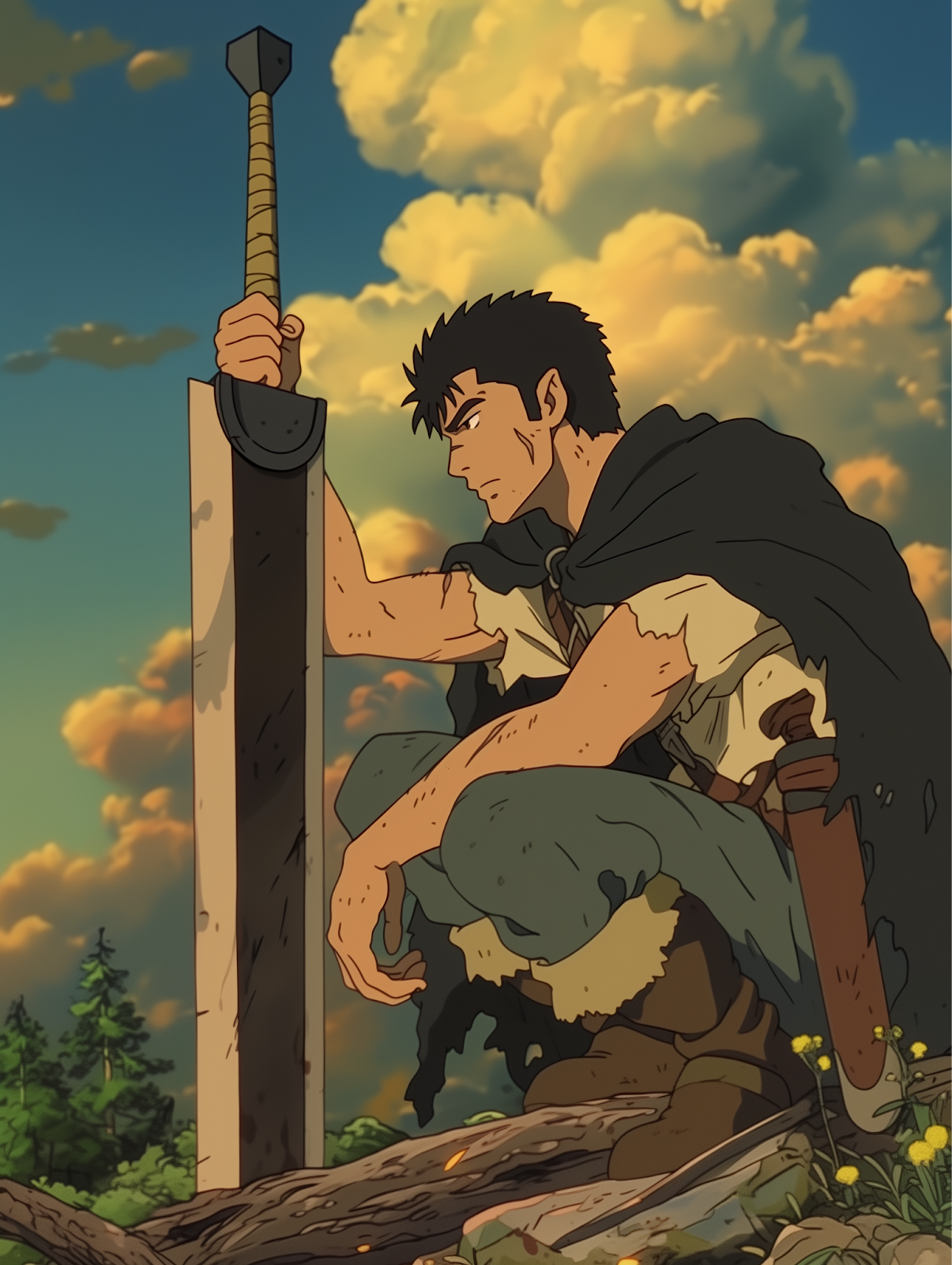 Guts in a Ghibli Universe (Crossover) Produces a cinematic reinterpretation of Guts (Berserk) re-imagined through Studio Ghibli’s soft, whimsical lens — blending dark heroic presence with pastel tones and environmental magic.